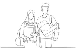 illustratie van twee studenten paar staand terwijl Holding boeken en slijtage tas. single lijn kunst stijl vector