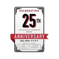 25 jaren verjaardag logo viering en uitnodiging kaart met rood lint geïsoleerd Aan wit achtergrond vector