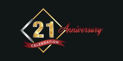21e verjaardag logo met gouden en zilver doos, confetti en rood lint geïsoleerd Aan elegant zwart achtergrond, vector ontwerp voor groet kaart en uitnodiging kaart