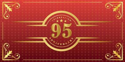 95ste verjaardag logo met gouden ring, confetti en goud grens geïsoleerd Aan elegant rood achtergrond, fonkeling, vector ontwerp voor groet kaart en uitnodiging kaart