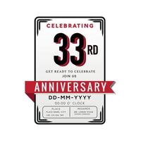 33 jaren verjaardag logo viering en uitnodiging kaart met rood lint geïsoleerd Aan wit achtergrond vector