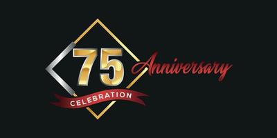 75ste verjaardag logo met gouden en zilver doos, confetti en rood lint geïsoleerd Aan elegant zwart achtergrond, vector ontwerp voor groet kaart en uitnodiging kaart