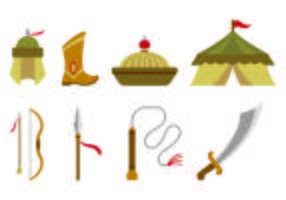 Set van Mongolische strijders apparatuur iconen vector