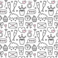 schattig naadloos patroon voor Valentijnsdag dag met Champagne, ringen, harten, wolken, enveloppen, koffie, cupcakes. vector hand getekend tekening illustratie. perfect voor vakantie ontwerpen, afdrukken, decor, omhulsel