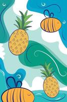 verticaal neutrale gekleurde achtergrond met bij en ananas schetsen vector illustratie