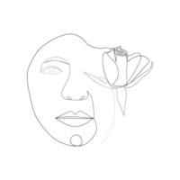 vrouw gezicht met bloemen een lijn tekening. voor de helft van de gezicht is een bloem. doorlopend lijn tekening kunst. natuur cosmetica. vector