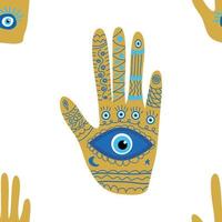 tekening naadloos patroon hamsa oog, magisch oog, decor element. roze, groente, gouden ogen. kleding stof textiel vector