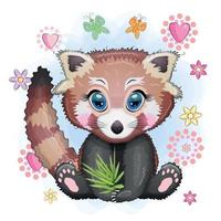 rood panda, schattig karakter met bamboe bladeren, groet kaart, helder kinderachtig stijl. bijzonder dieren, rood boek, beer vector