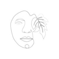 vrouw gezicht met bloemen een lijn tekening. voor de helft van de gezicht is een bloem. doorlopend lijn tekening kunst. natuur cosmetica. vector