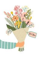 geïsoleerd illustratie boeket van bloemen in hand. vector ontwerp concept voor valentijnsdag dag en andere gebruiken.