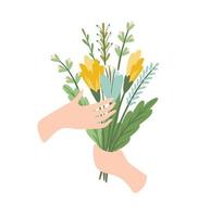 geïsoleerd illustratie boeket van bloemen in hand. vector ontwerp concept voor valentijnsdag dag en andere gebruiken.