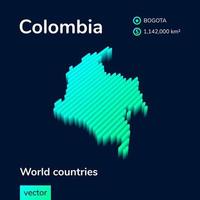 gestileerde isometrisch vector 3d kaart van Colombia in neon munt turkoois kleuren Aan een donker blauw achtergrond. aardrijkskunde studie poster, infographic element.