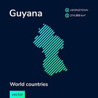 vector creatief digitaal neon vlak lijn kunst abstract gemakkelijk kaart van Guyana met groente, munt, turkoois gestreept structuur Aan donker blauw achtergrond. leerzaam banier, poster over Guyana