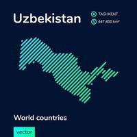 vector creatief digitaal neon vlak lijn kunst abstract gemakkelijk kaart van Oezbekistan met groente, munt, turkoois gestreept structuur Aan donker blauw achtergrond. leerzaam banier, poster over Oezbekistan