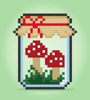 8 bit pixel paddestoel in fles. plant voor spelactiva en kruissteekpatronen in vectorillustraties. vector