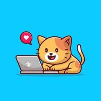 schattig kat in werking laptop tekenfilm vector icoon illustratie. dier technologie icoon concept geïsoleerd premie vector. vlak tekenfilm stijl