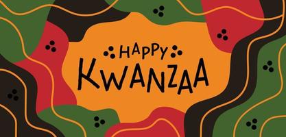 gelukkig kwanzaa abstract horizontaal lang banier ontwerp met willekeurig helder rood zwart groen biologisch vormen in kleur van pan Afrikaanse vlag, lijnen grens. vector sjabloon voor kwanzaa Afrikaanse Amerikaans
