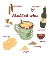 overwogen recept. illustratie van ingrediënten voor heet winter drinken overwogen wijn. vector
