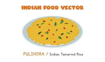 Indisch pulihora - Indisch tamarinde rijst- vlak vector illustratie geïsoleerd Aan wit achtergrond. pulihora clip art tekenfilm stijl. Aziatisch voedsel. Indisch keuken. Indisch voedsel