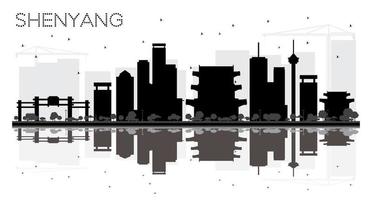 shenyang China stad horizon zwart en wit silhouet met reflecties. vector