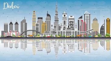 Dubai uae horizon met grijs gebouwen, blauw lucht en reflecties. vector