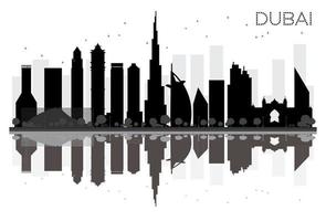 Dubai stad horizon zwart en wit silhouet met reflecties. vector