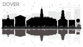 Dover stad horizon zwart en wit silhouet met reflecties. vector