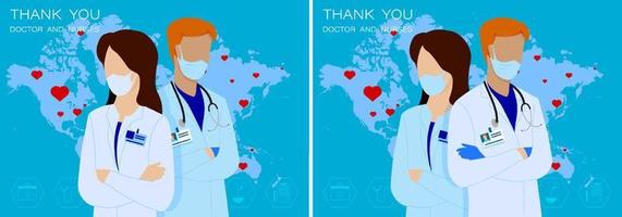 bedankt naar artsen en verpleegsters voor hun werk net zo ziekte verspreidt in de omgeving van wereld. dokter en verpleegster Aan achtergrond van continenten van aarde. concept, web banier vector