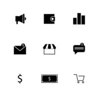 bundel reeks icoon megafoon, portemonnee, grafisch, bericht, marktplaats, chatten, dollar symbool, dollar rekening, boodschappen doen zak vrij vector