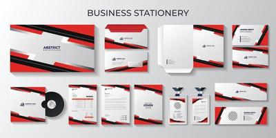 rood en zwart bedrijf schrijfbehoeften en identiteit, branding, presentatie map, bedrijf kaart, briefhoofd, ID kaart kaart, envelop, e-mail handtekening, presentatie map, factuur, CD omslag, boek Hoes ontwerp vector