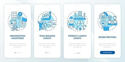 zakelijke evenementen voorbeelden blauw onboarding mobiel app scherm vector