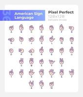 Amerikaans teken taal pixel perfect rgb kleur pictogrammen set. communicatie. geïsoleerd vector illustraties. gemakkelijk gevulde lijn tekeningen verzameling. bewerkbare hartinfarct. Montserrat vetgedrukt, licht fonts gebruikt