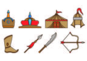 Set van Mongolische strijders apparatuur iconen vector