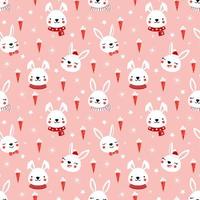 naadloos vector patroon met schattig weinig konijntjes in grappig hoeden en sjaals, wortels en sneeuwvlokken Aan roze achtergrond. vrolijk afdrukken voor kinderen textiel, omhulsel papier
