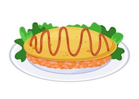 omurice, Japans omelet en rijst- bekroond met tomaat saus. dichtbij omhoog Aziatisch voedsel Aan bord. kleurrijk vector illustratie geïsoleerd Aan wit achtergrond.