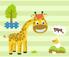 vector illustratie van tekenfilm giraffe met baby eend, de eend gebeld papa naar de giraffe