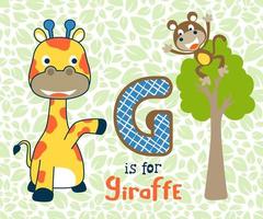 vector illustratie van tekenfilm mooi hoor giraffe en aap Aan naadloos patroon van bladeren, onderwijs voor kinderen