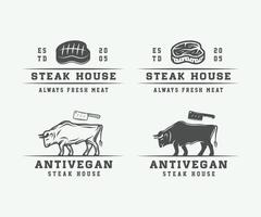 reeks van wijnoogst slagerij vlees, steak of bbq logo's, emblemen, insignes, etiketten. grafisch kunst. vector illustratie.