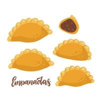 reeks van empanadas voedsel ontwerp. geheel en voor de helft. hand- getrokken vector vlak illustratie. Latijns Amerikaans tussendoortje.