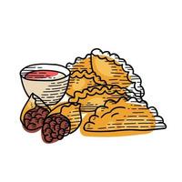 hand- getrokken schetsen stijl empanada. kant visie Aan stapel van empanadas met saus. typisch Latijns Amerikaans en Spaans snel voedsel. vector gegraveerde schets illustratie geïsoleerd Aan wit achtergrond voor menu.