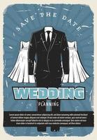 bruiloft retro poster met bruids jurk en pak vector