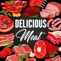 vlees producten en worstjes slagerij winkel poster vector