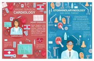 cardiologie, otolaryngologie geneeskunde kliniek posters vector