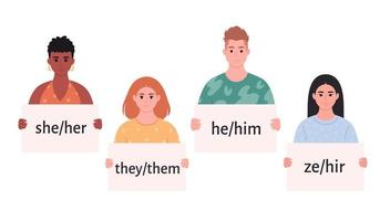 jong mensen Holding teken met geslacht voornaamwoorden. zij, hij, zij, ze, niet-binair. sekseneutraal beweging. lgbtq gemeenschap. vector
