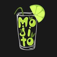 hand- getrokken glas van mojito cocktail met stuk van limoen en blad van munt vector