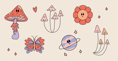 grappig retro stickers van psychedelisch groovy stijlvol. wijnoogst tekenfilm reeks van paddestoelen, bloem, vlinder, sterren, en harten. funky Jaren 60 - jaren 70 elementen vector