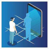 3d isometrische Mens communiceert met een futuristische abstract smartphone scherm hologram. vector isometrische illustratie geschikt voor diagrammen, infografieken, en andere grafisch middelen