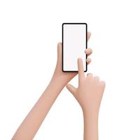 3d schattig tekenfilm hand- Holding mobiel slim telefoon en vinger aanraken, richten smartphone blanco scherm, scrollen, zoeken. model, sjabloon. toepassing onderhoud concept. vector illustratie geïsoleerd