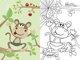 vector illustratie van grappig aap tekenfilm Aan boom met rups, kleur boek of bladzijde