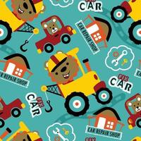 naadloos patroon vector van voertuig tekenfilm met grappig bestuurder dieren, auto reparatie winkel elementen